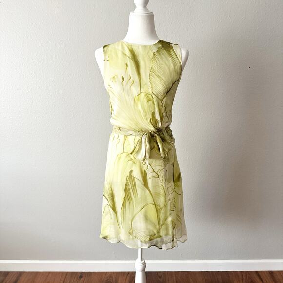 Santorelli Nadia Lime Lily Pad Print Chiffon Knee Length Dress Women’s Size 40 - Picture 3 of 16